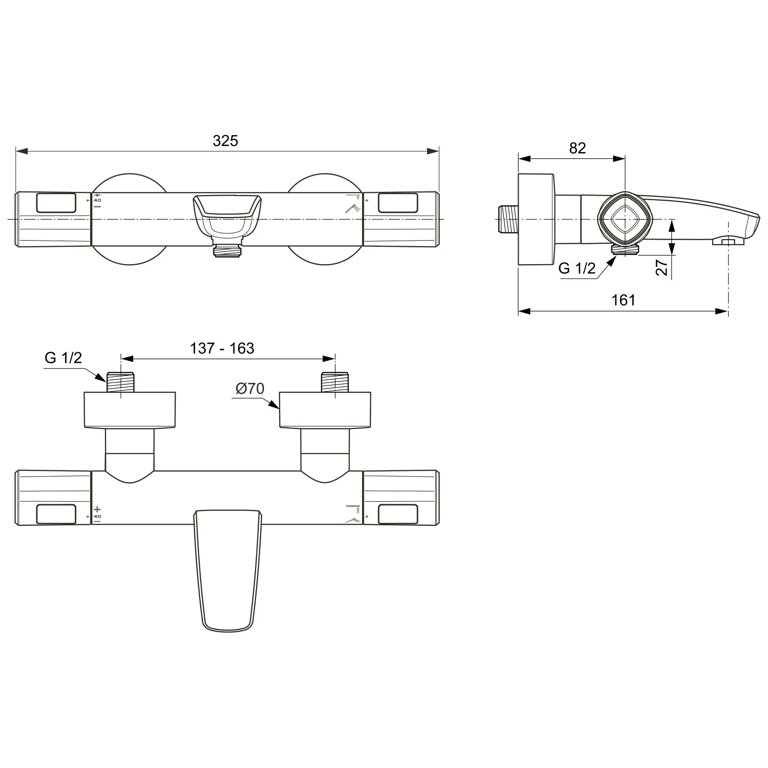 Rysunek techniczny baterii wannowej z wymiarami, Ideal Standard