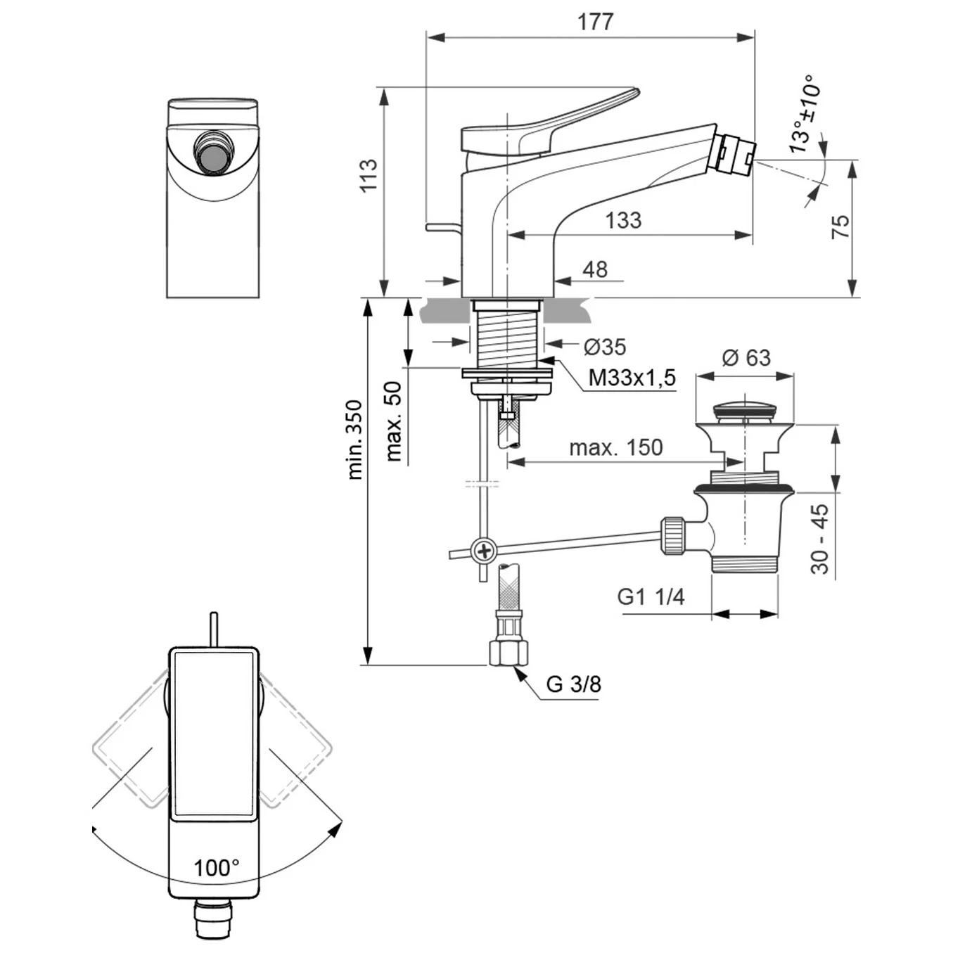 Rysunek techniczny baterii bidetowej z wymiarami, Ideal Standard
