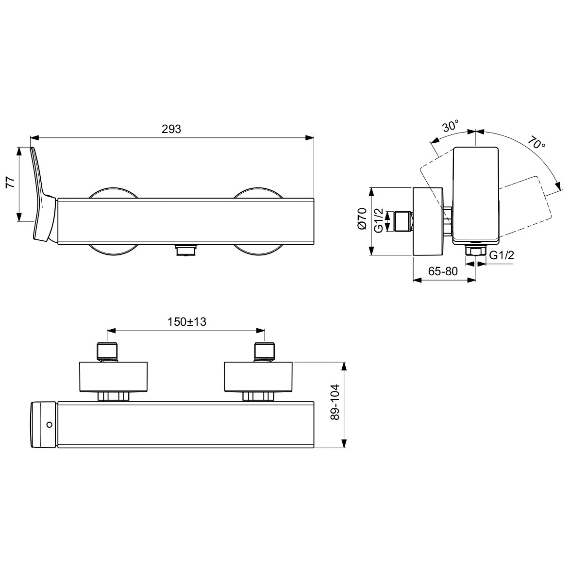 Rysunek techniczny baterii prysznicowej z wymiarami, Ideal Standard