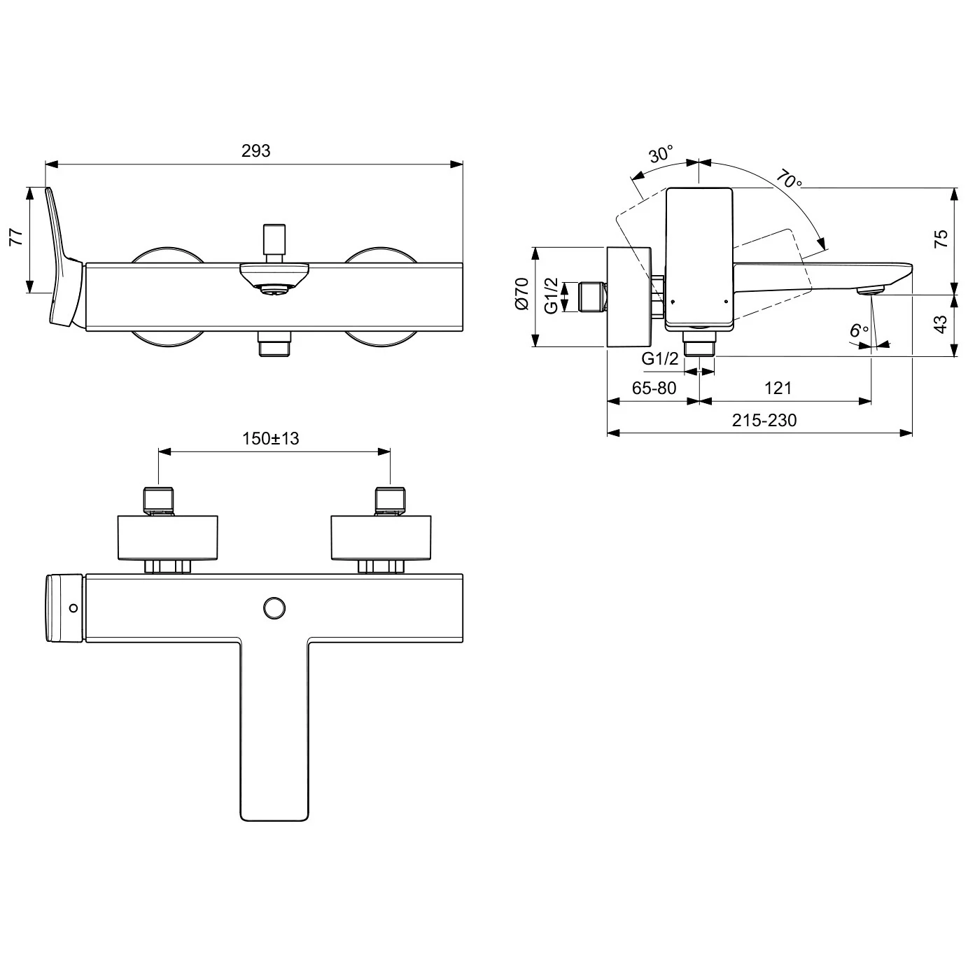Rysunek techniczny baterii wannowej z wymiarami, Ideal Standard