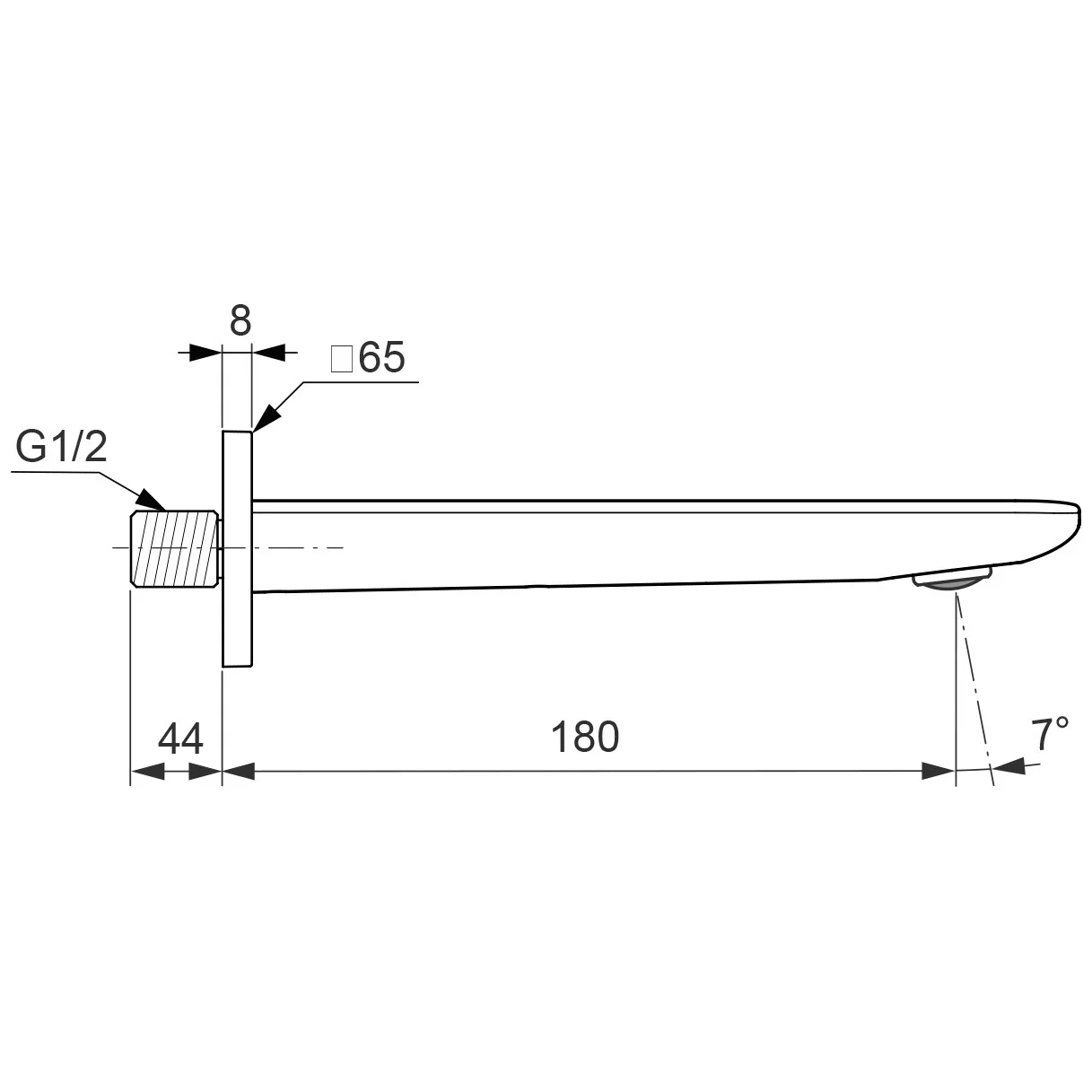 Rysunek techniczny wylewki ściennej z wymiarami, Ideal Standard