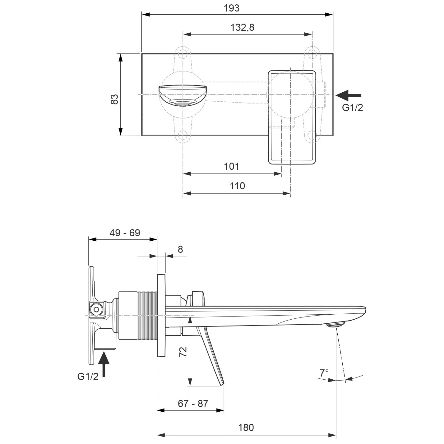 Rysunek techniczny baterii umywalkowej z wymiarami, Ideal Standard