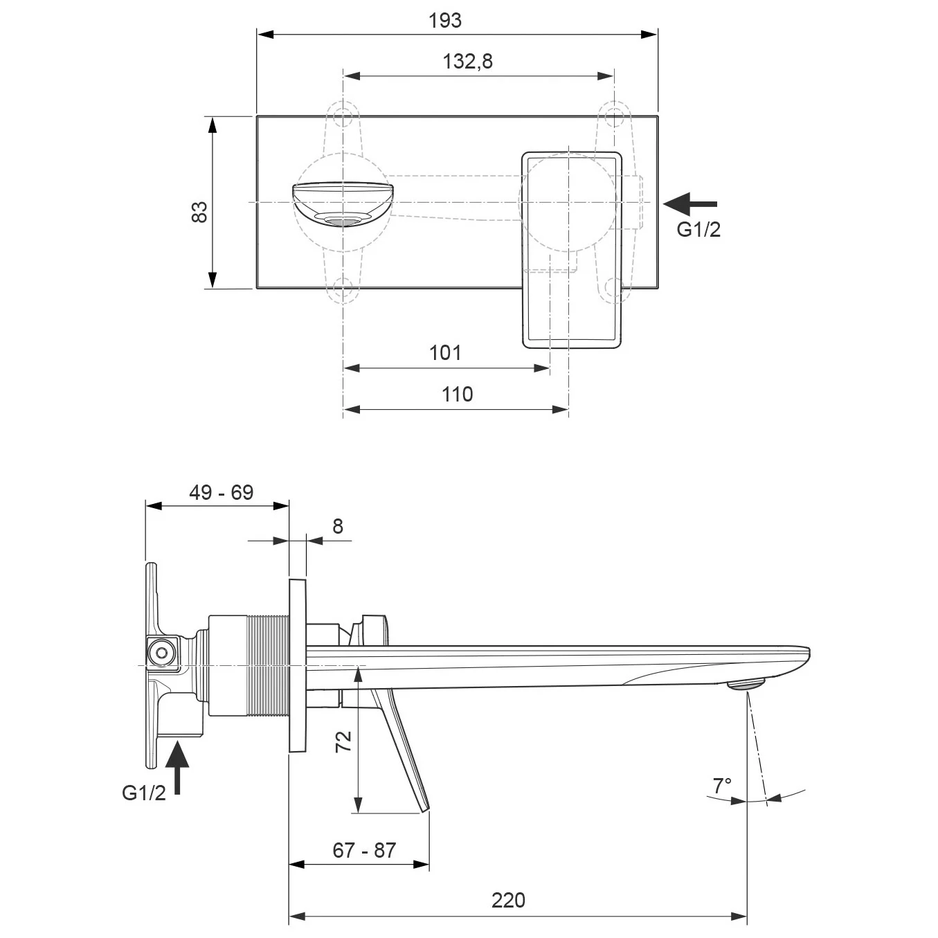 Rysunek techniczny baterii umywalkowej z wymiarami, Ideal Standard