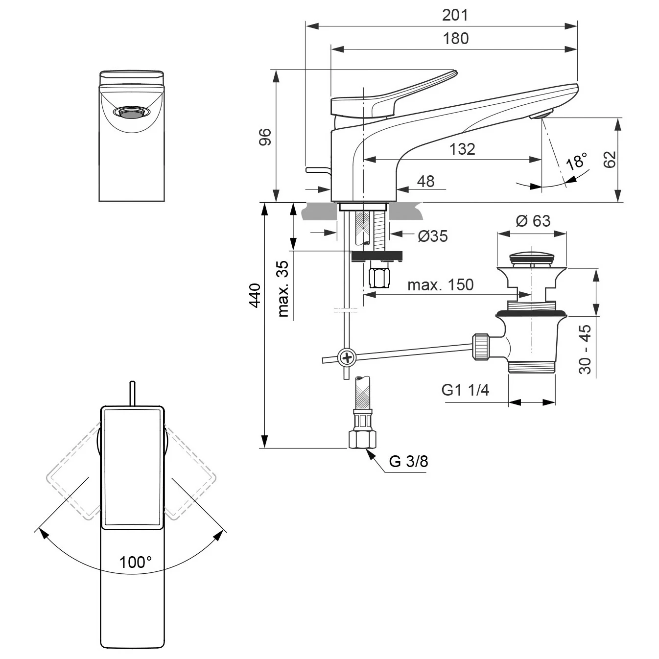 Rysunek techniczny baterii umywalkowej z wymiarami, Ideal Standard
