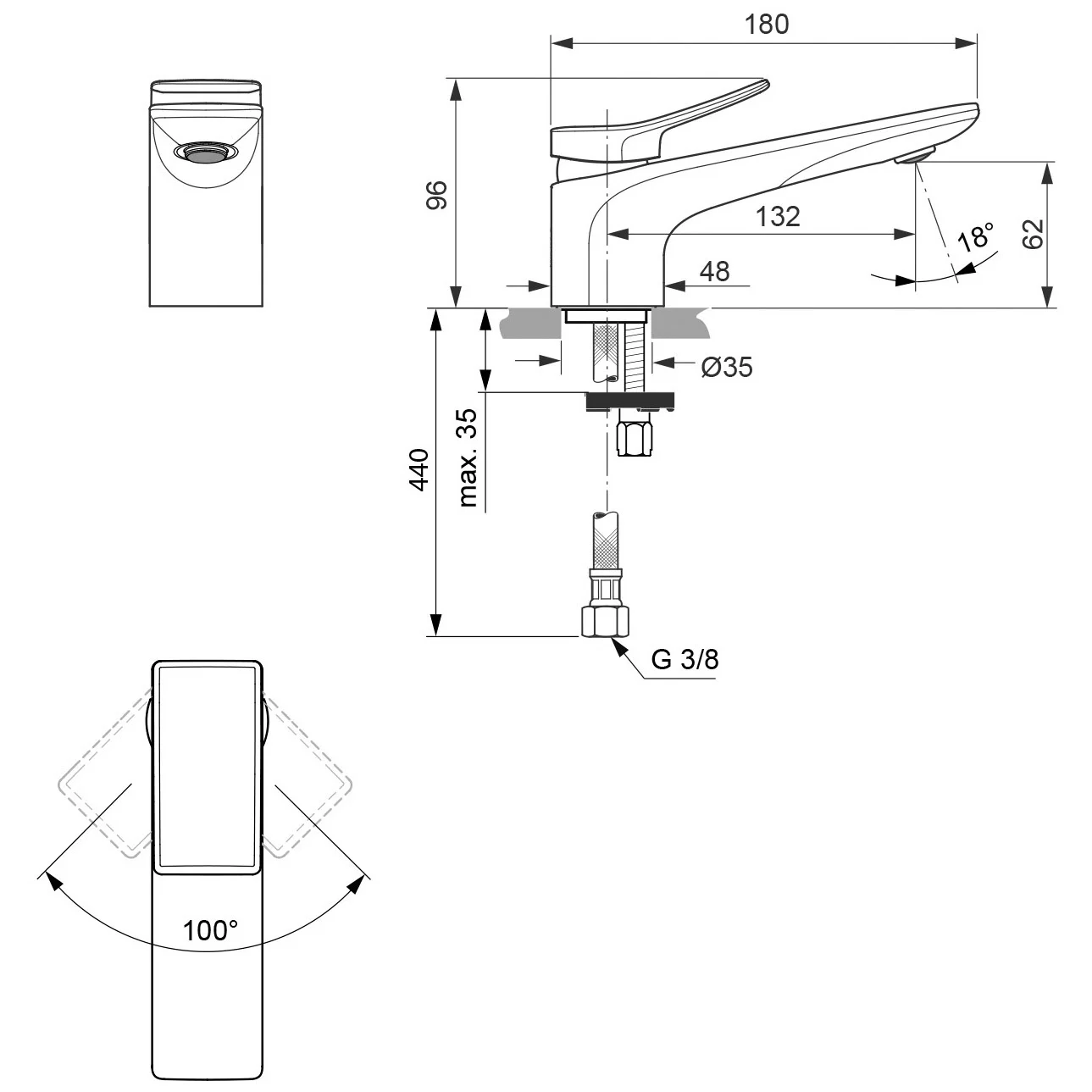 Rysunek techniczny baterii umywalkowej z wymiarami, Ideal Standard