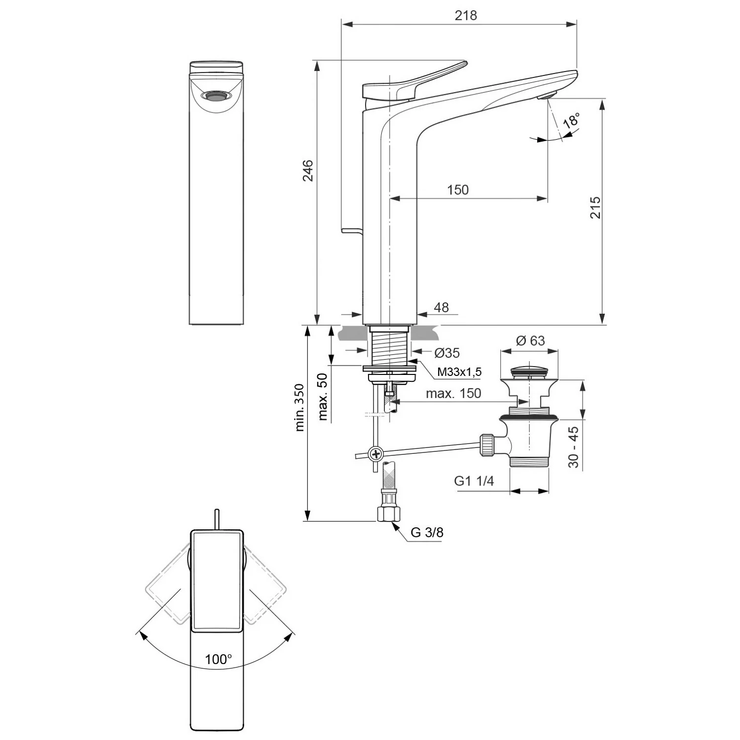 Rysunek techniczny baterii umywalkowej z wymiarami, Ideal Standard