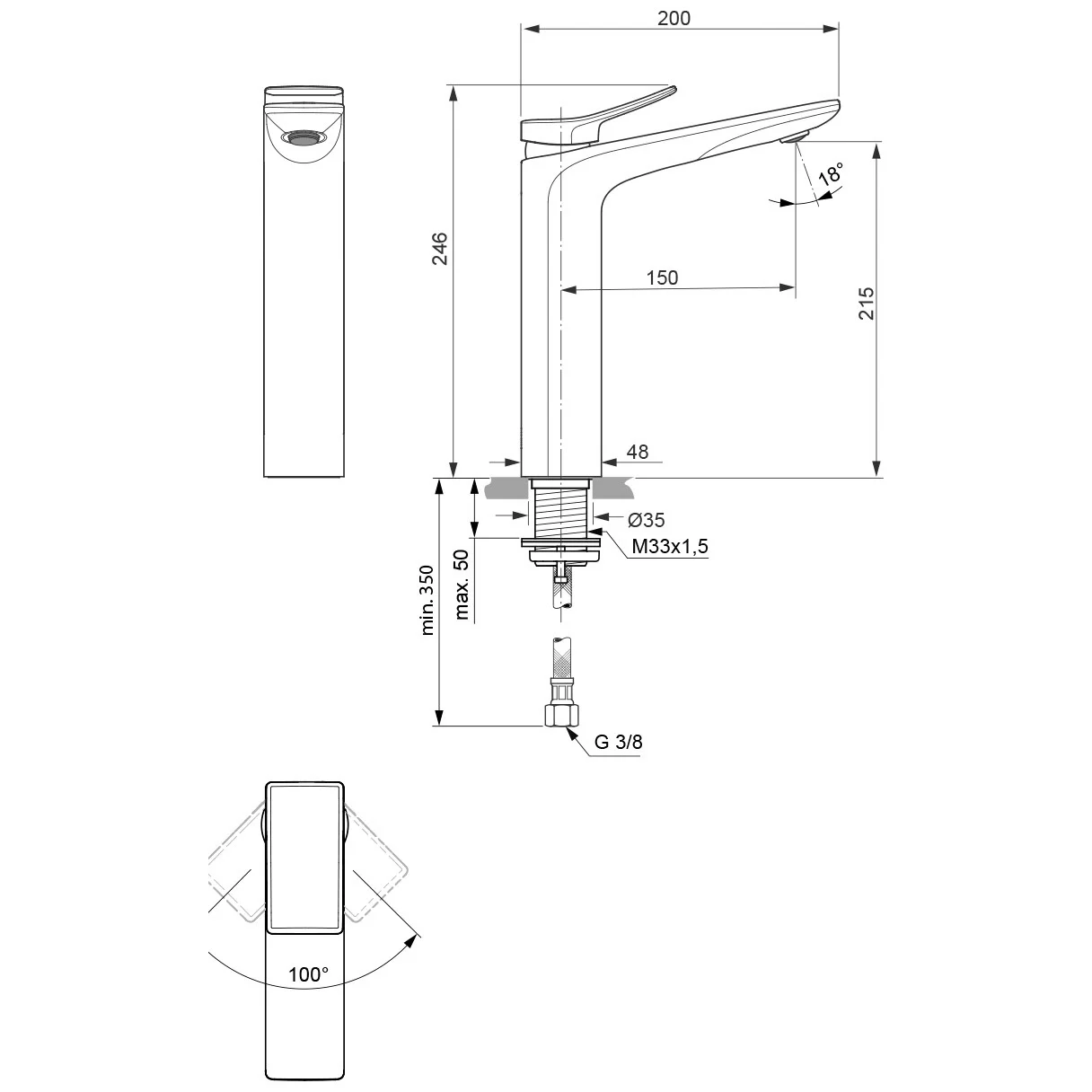 Rysunek techniczny baterii umywalkowej z wymiarami, Ideal Standard