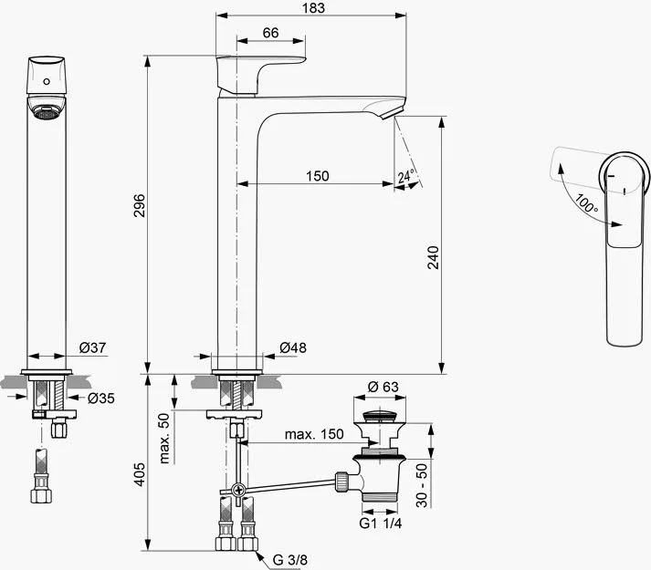 Rysunek techniczny baterii z wymiarami, Ideal Standard