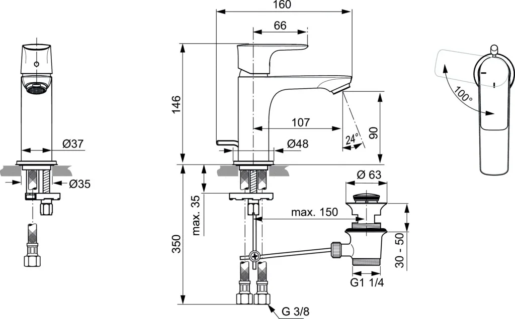Rysunek techniczny baterii z wymiarami, Ideal Standard