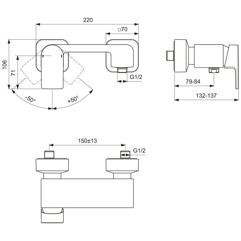 Rysunek techniczny baterii prysznicowej z wymiarami, Ideal Standard