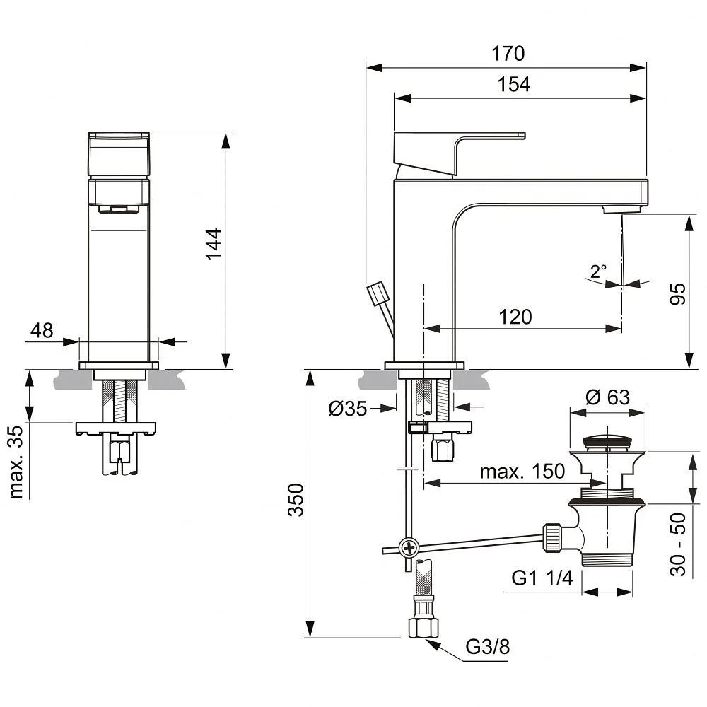 Rysunek techniczny baterii umywalkowej z wymiarami, Ideal Standard