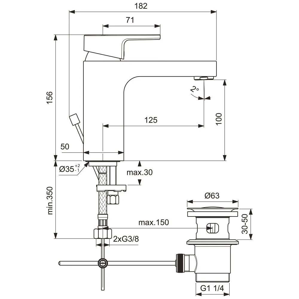 Rysunek techniczny baterii umywalkowej z wymiarami, Ideal Standard