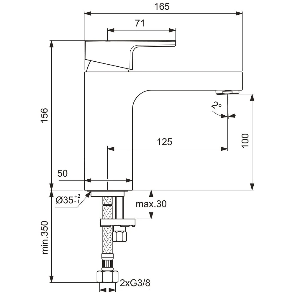 Rysunek techniczny baterii umywalkowej z wymiarami, Ideal Standard