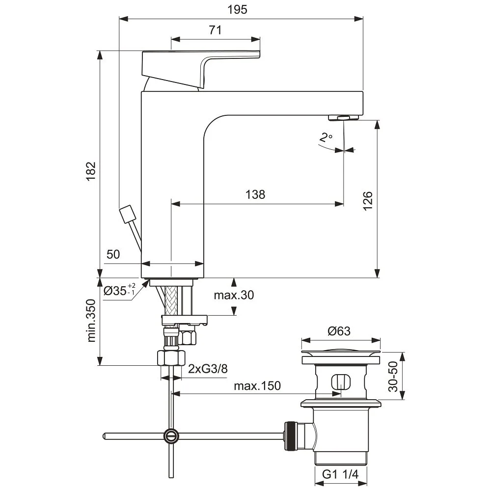 Rysunek techniczny baterii umywalkowej z wymiarami, Ideal Standard