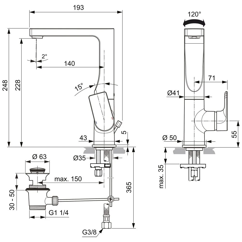 Rysunek techniczny baterii umywalkowej z wymiarami, Ideal Standard