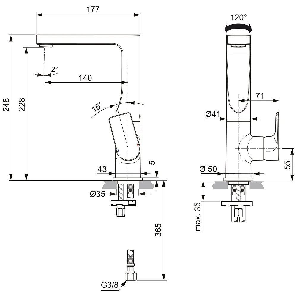 Rysunek techniczny baterii umywalkowej z wymiarami, Ideal Standard