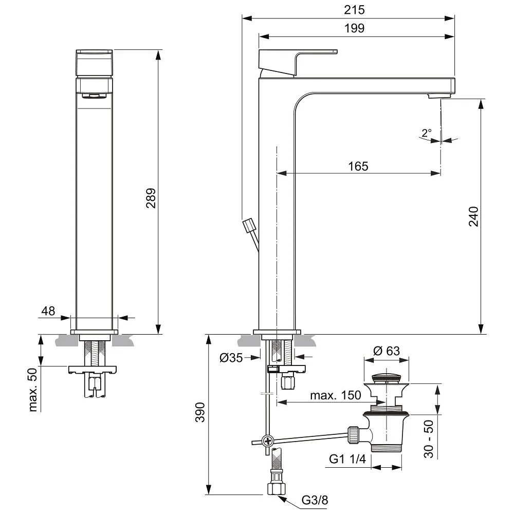 Rysunek techniczny baterii umywalkowej z wymiarami, Ideal Standard