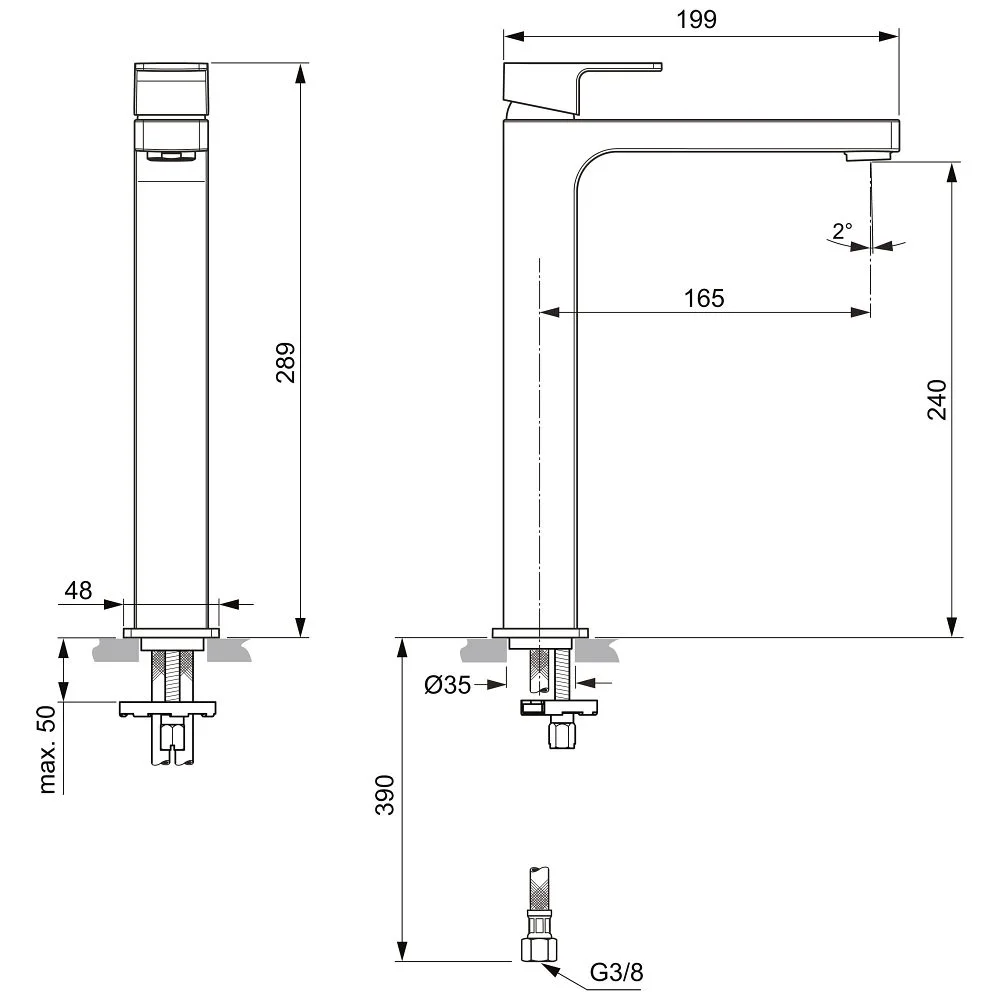 Rysunek techniczny baterii umywalkowej z wymiarami, Ideal Standard