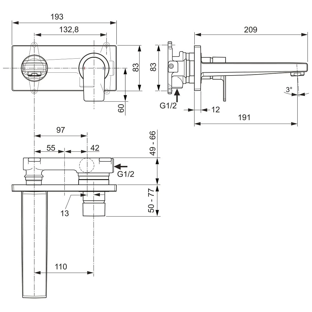 Rysunek techniczny baterii umywalkowej z wymiarami, Ideal Standard