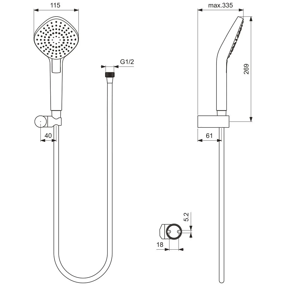 Rysunek techniczny zestawu prysznicowego z wymiarami, Ideal Standard