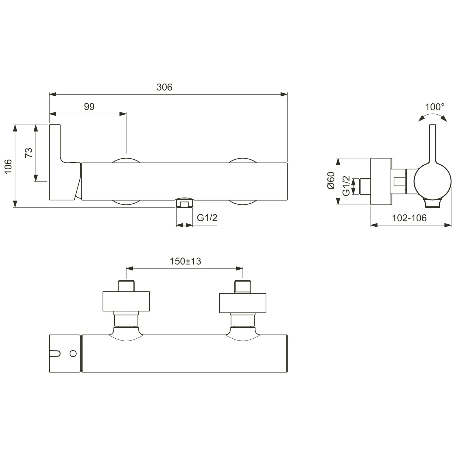 Rysunek techniczny armatury prysznicowej z wymiarami, Ideal Standard