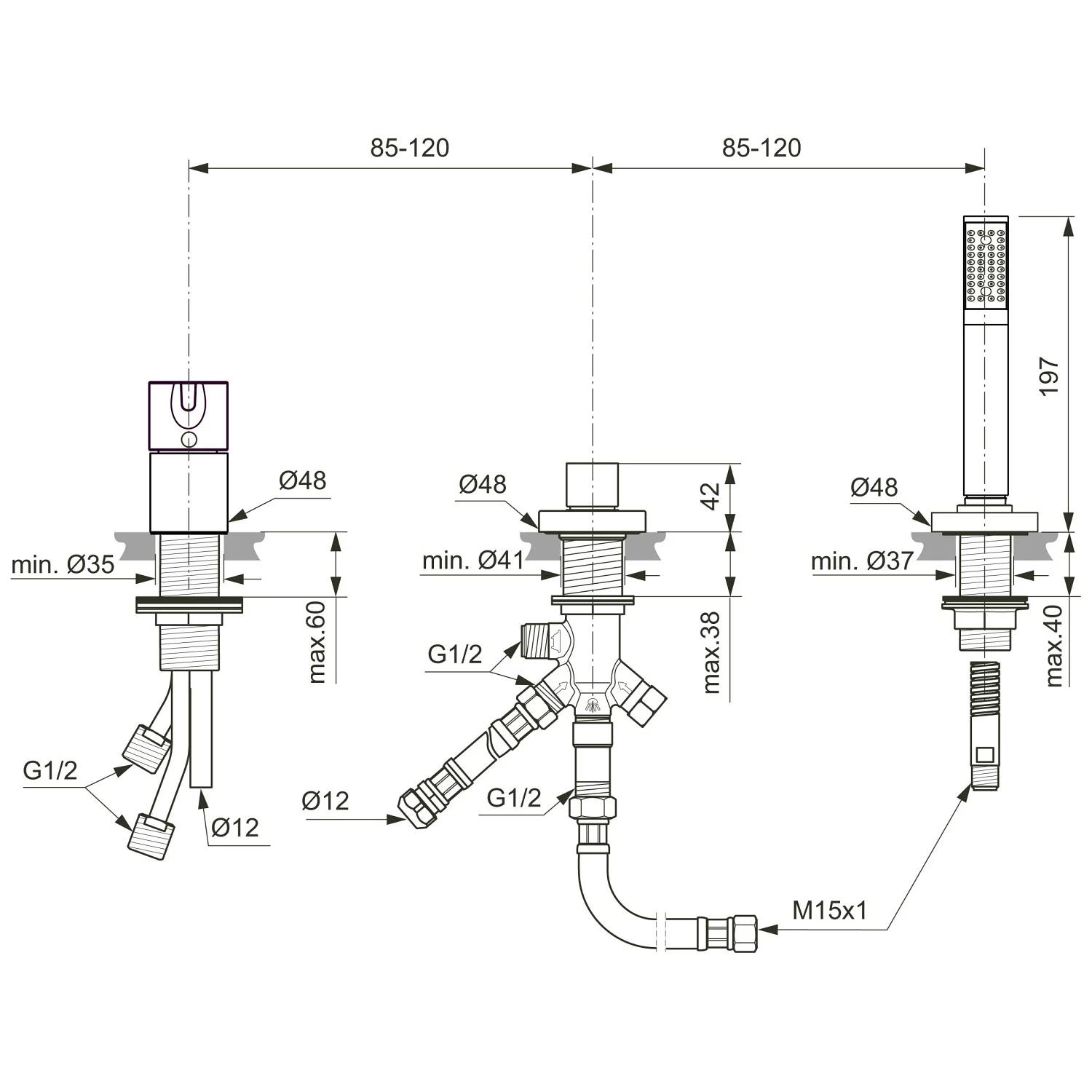 Rysunek techniczny baterii łazienkowej z wymiarami, Ideal Standard