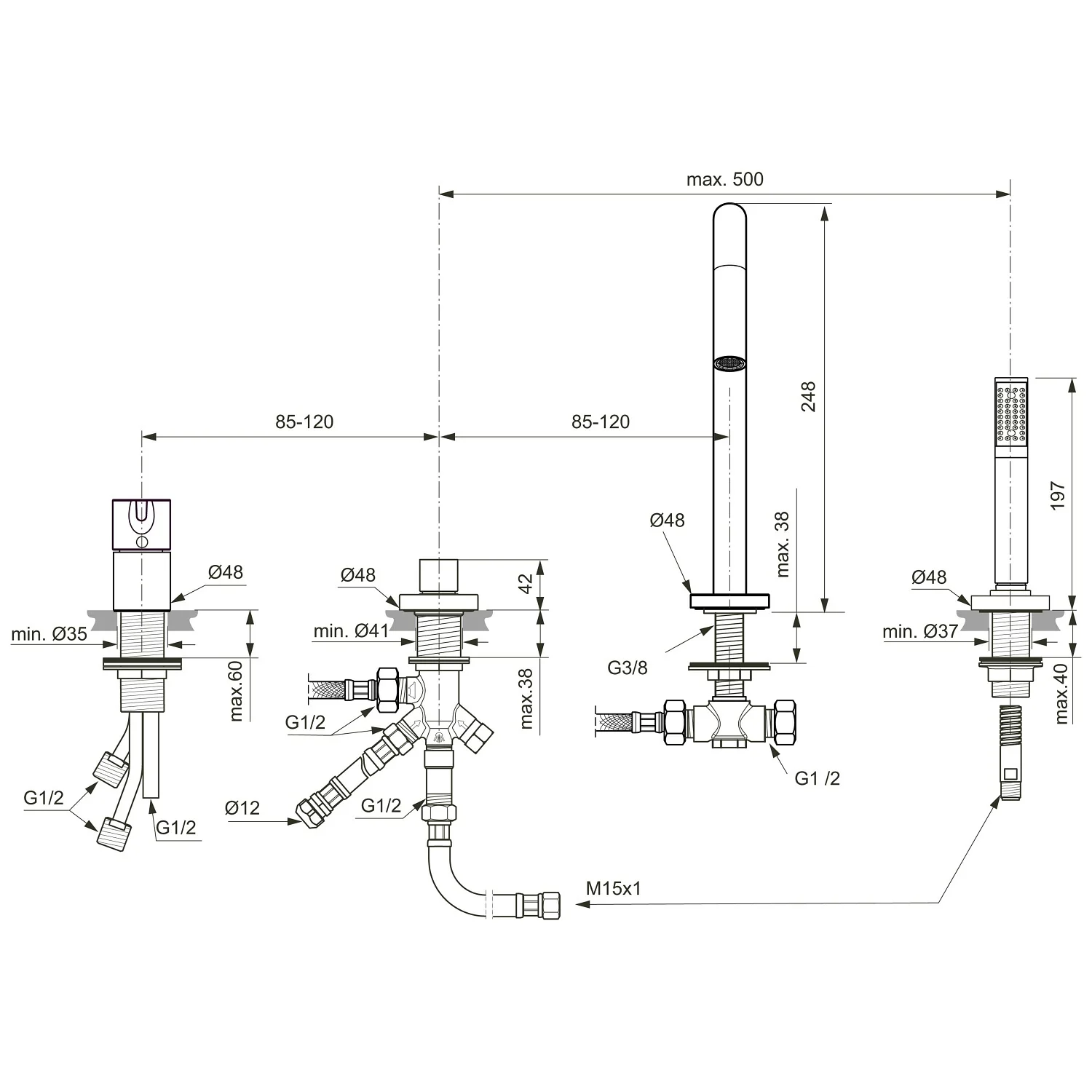 Rysunek techniczny baterii łazienkowej z wymiarami, Ideal Standard