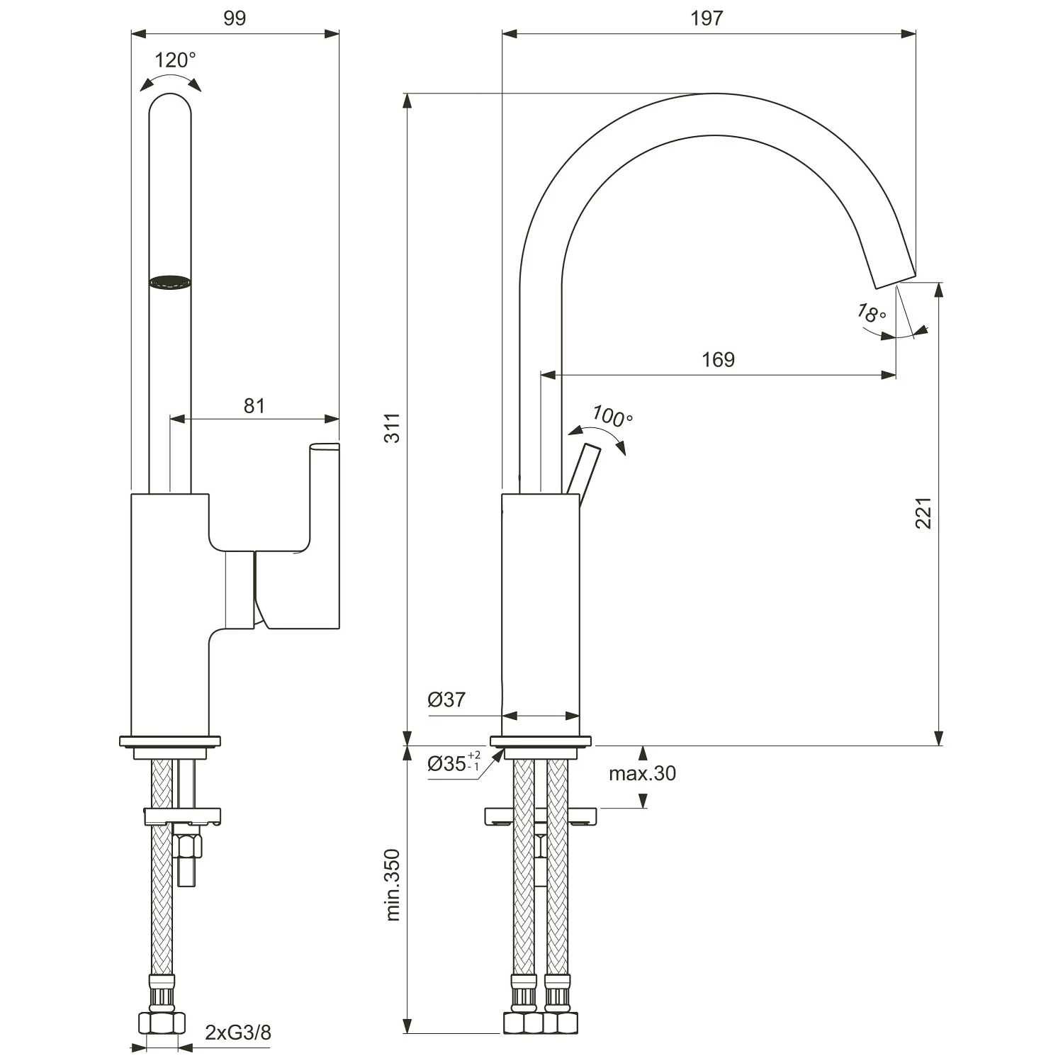 Rysunek techniczny armatury umywalkowej z wymiarami, Ideal Standard