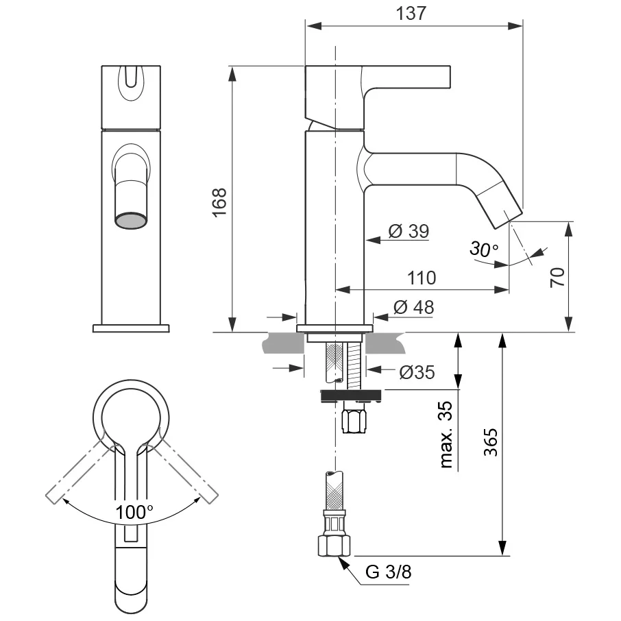 Rysunek techniczny baterii umywalkowej z wymiarami, Ideal Standard