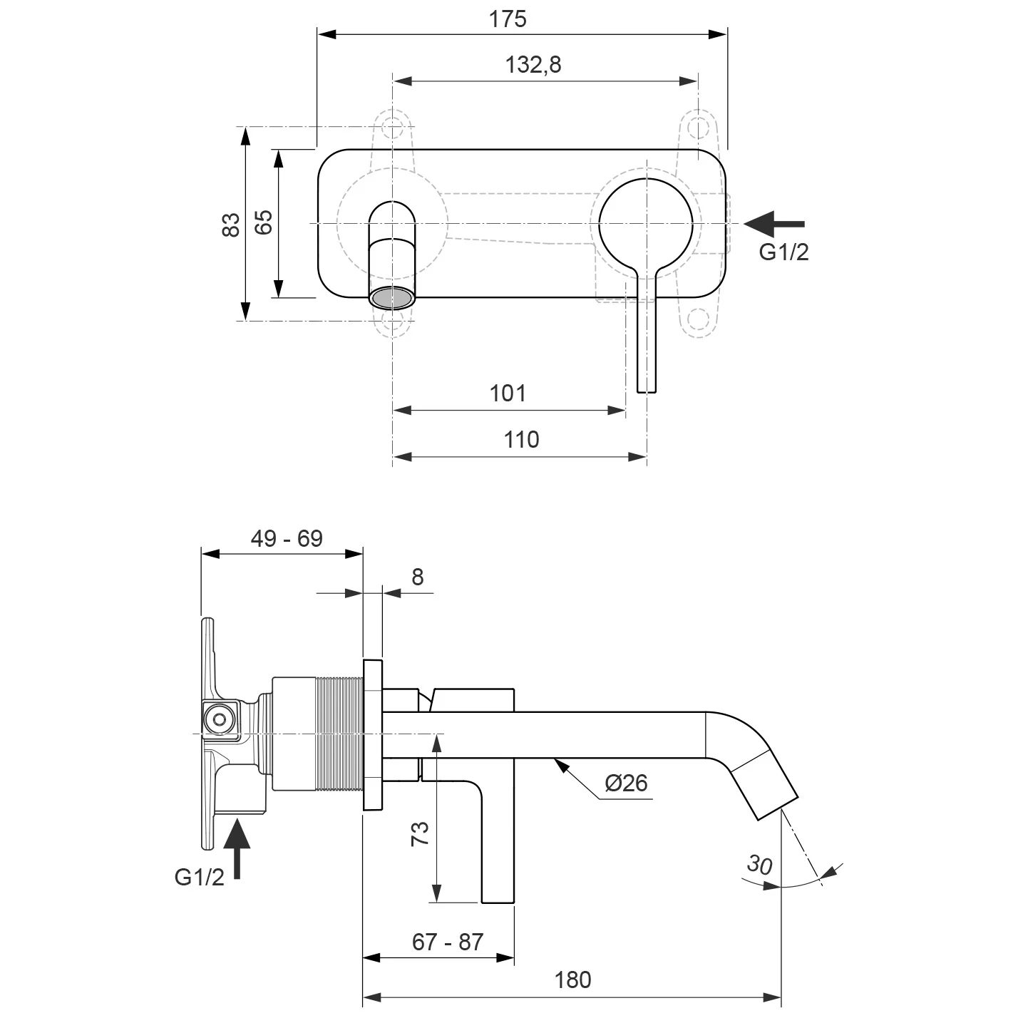 Rysunek techniczny baterii umywalkowej z wymiarami, Ideal Standard