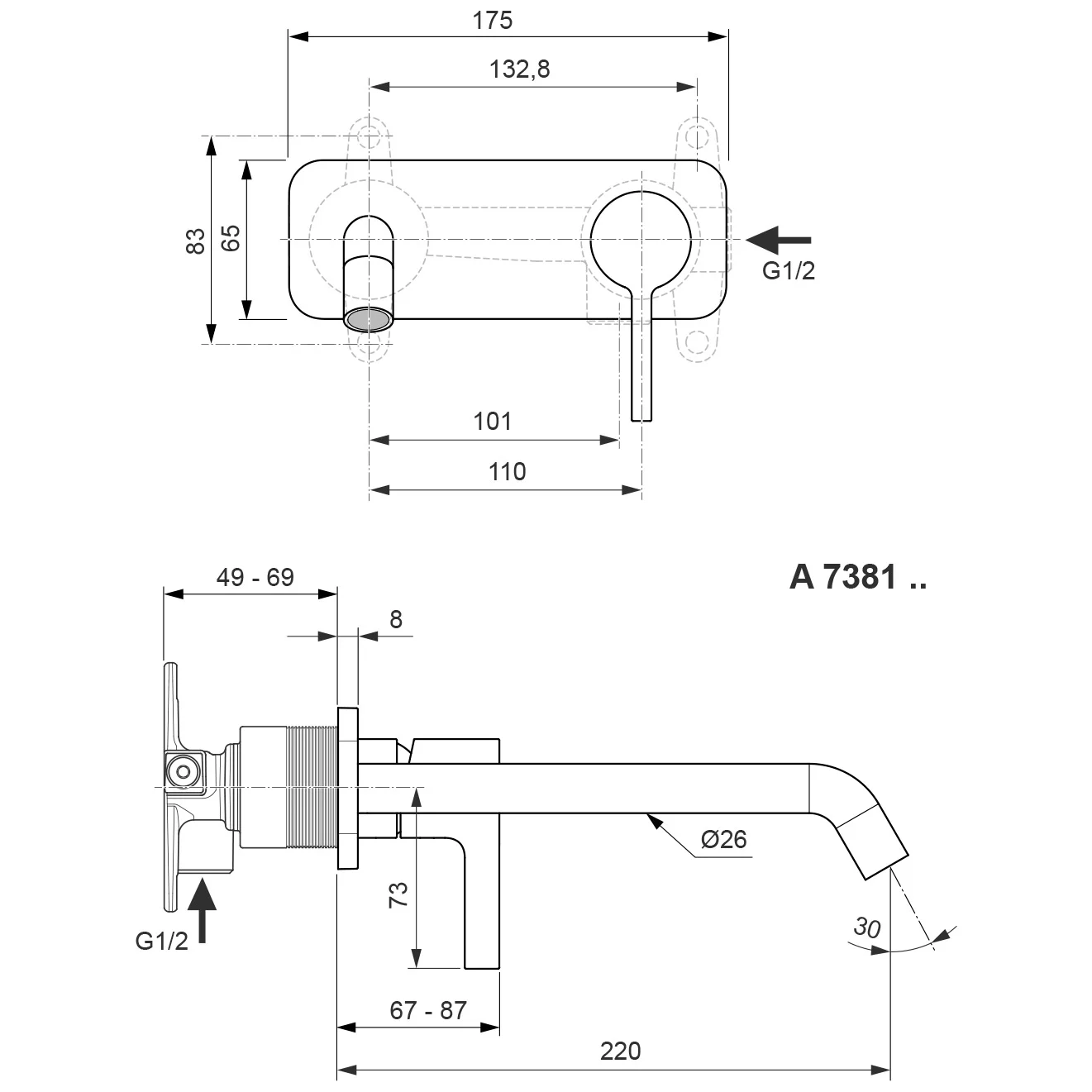 Rysunek techniczny baterii umywalkowej z wymiarami, Ideal Standard