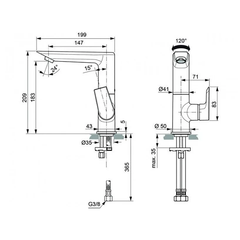 Rysunek techniczny baterii umywalkowej z wymiarami, Ideal Standard
