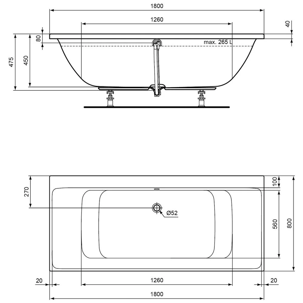 Rysunek techniczny wanny z wymiarami, Ideal Standard