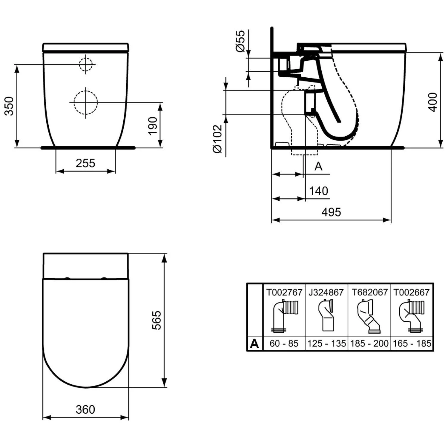 Rysunek techniczny toalety stojącej z wymiarami, Ideal Standard
