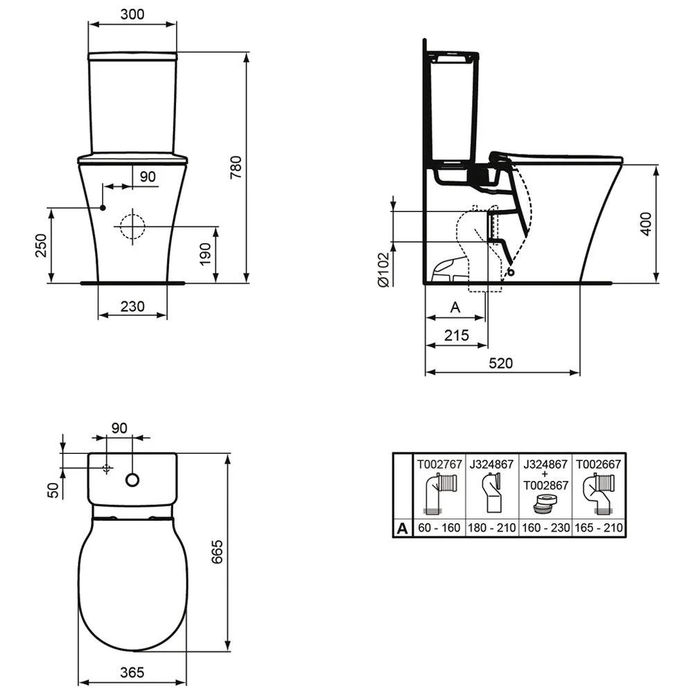 Rysunek techniczny toalety z wymiarami, Ideal Standard