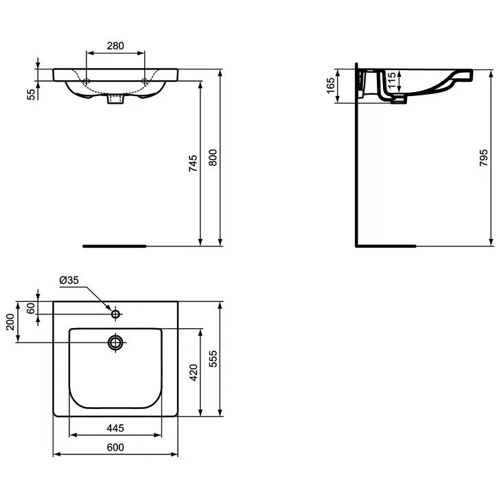 Rysunek techniczny umywalki z wymiarami, Ideal Standard