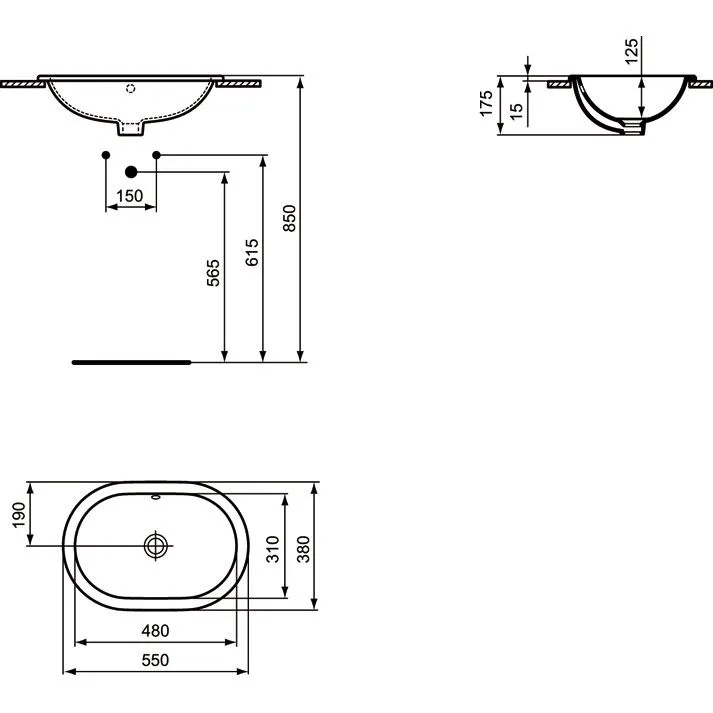 Rysunek techniczny wbudowanej umywalki, Ideal Standard