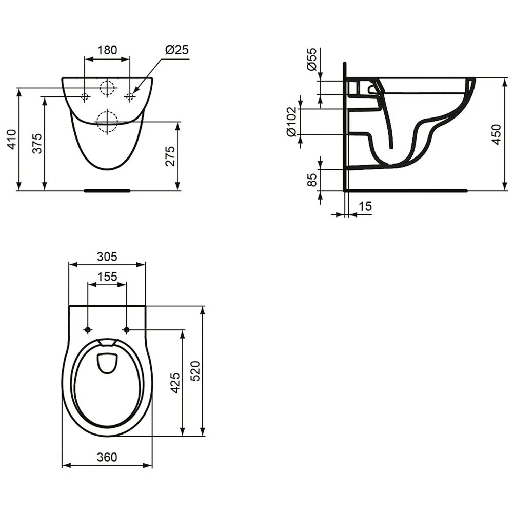 Rysunek techniczny toalety z wymiarami, Ideal Standard