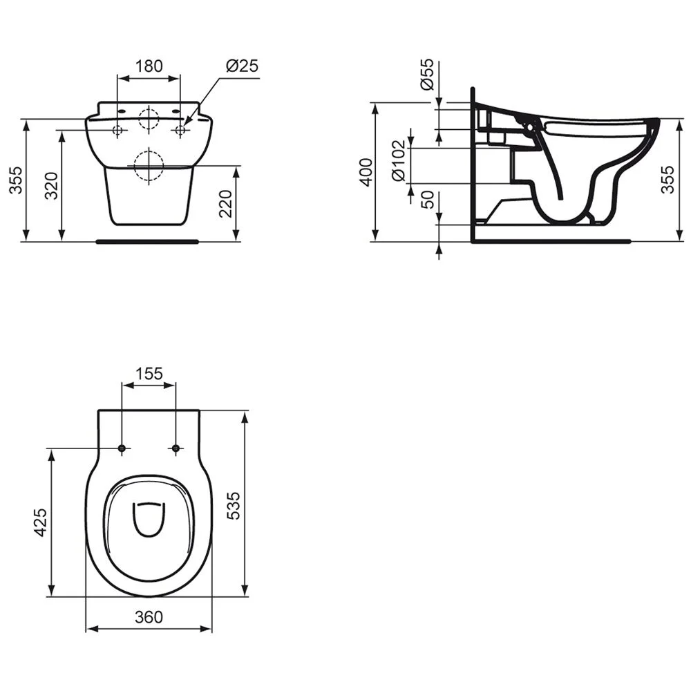Rysunek techniczny toalety z wymiarami, Ideal Standard