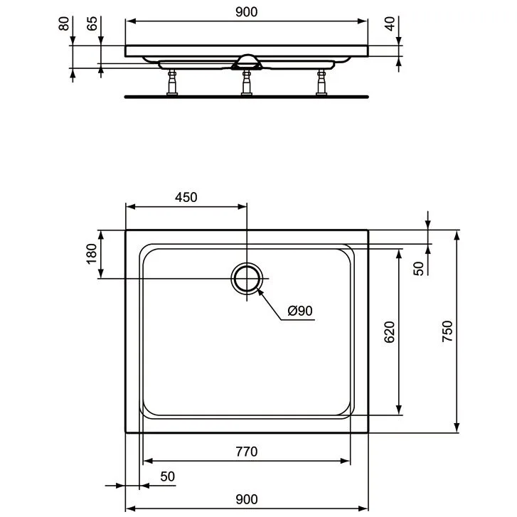 Rysunek techniczny kwadratowego brodzika z wymiarami, Ideal Standard