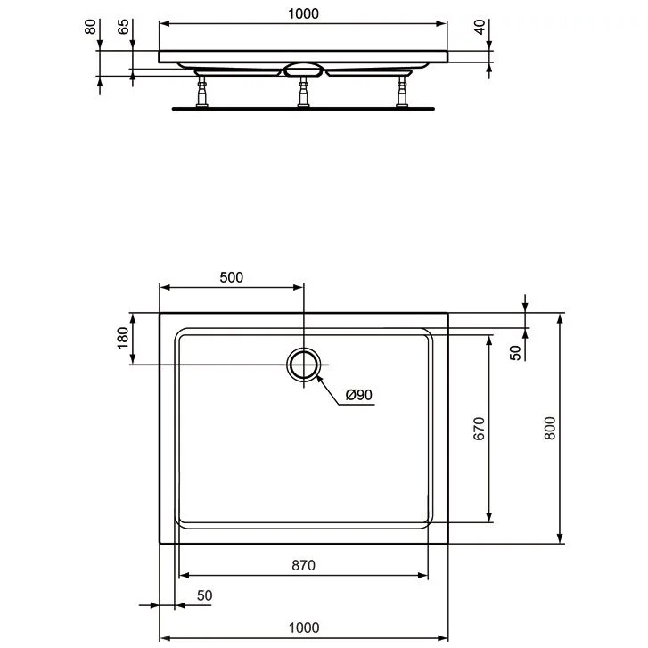 Rysunek techniczny kwadratowej brodzika prysznicowego, Ideal Standard