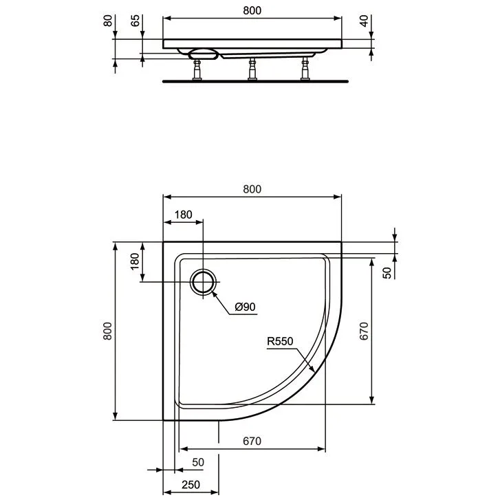 Rysunek techniczny brodzika prysznicowego w kształcie ćwierćkola, Ideal Standard