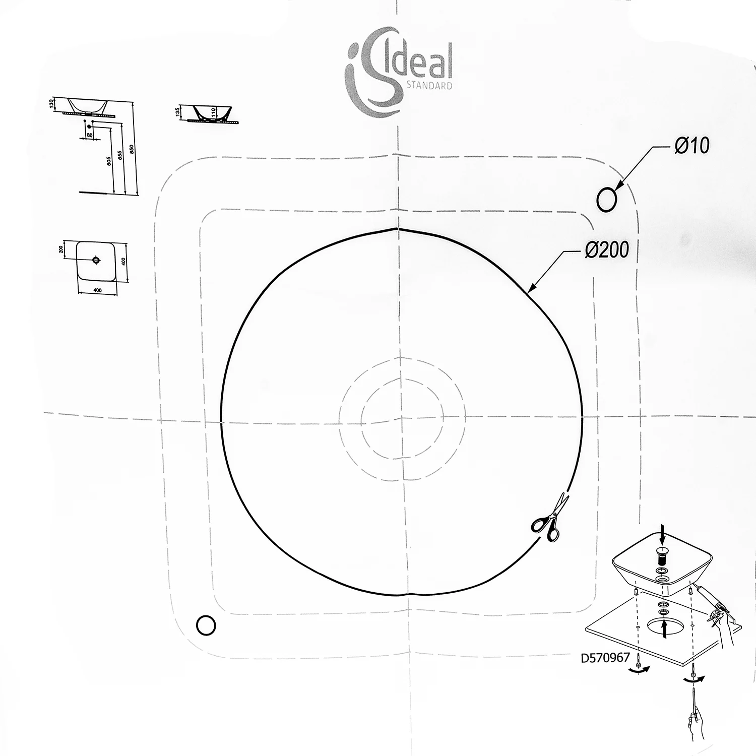 Ideal Standard Ausschnittschablone für Connect Air Aufsatzschale 40 x 40 cm