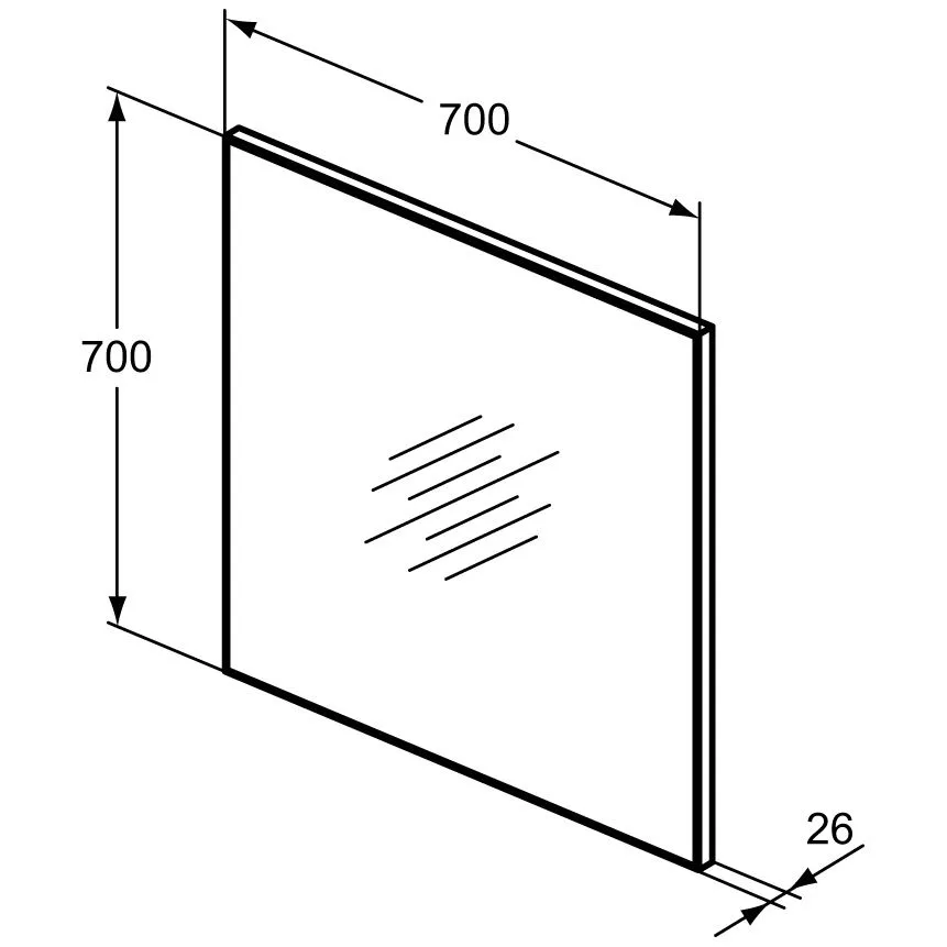 Rysunek techniczny kwadratowego lustra z wymiarami, Ideal Standard