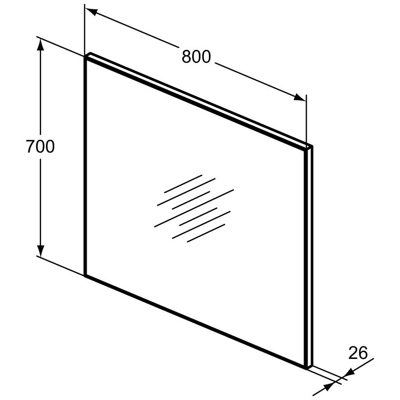 Rysunek techniczny prostokątnego lustra z wymiarami, Ideal Standard