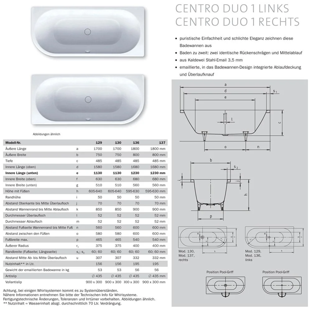 Kaldewei CENTRO DUO 1 RECHTS Mod. 130 Eckbadewanne 170 x 75 cm, rechts abgerundet Bild 4