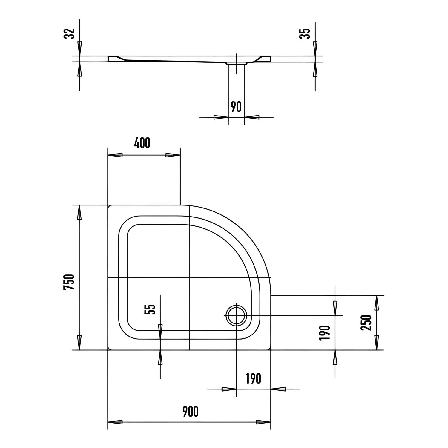 Kaldewei Zirkon 501-1 Viertelkreis-Duschwanne 90 x 75 x 3,5 cm Bild 2