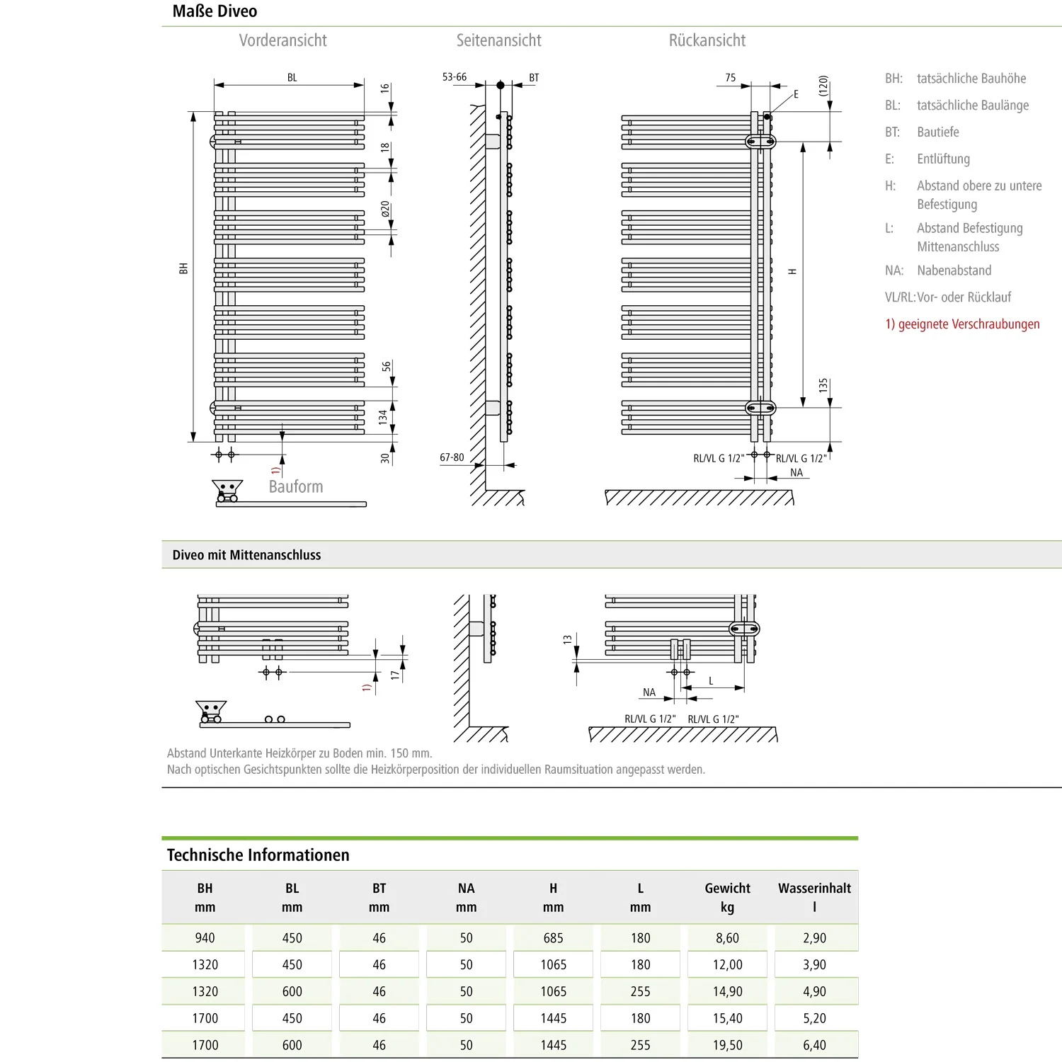 Kermi Diveo Badheizkörper 45 x 4,6 x 170 cm, Ausführung rechts mit seitlichem Anschluss Bild 4