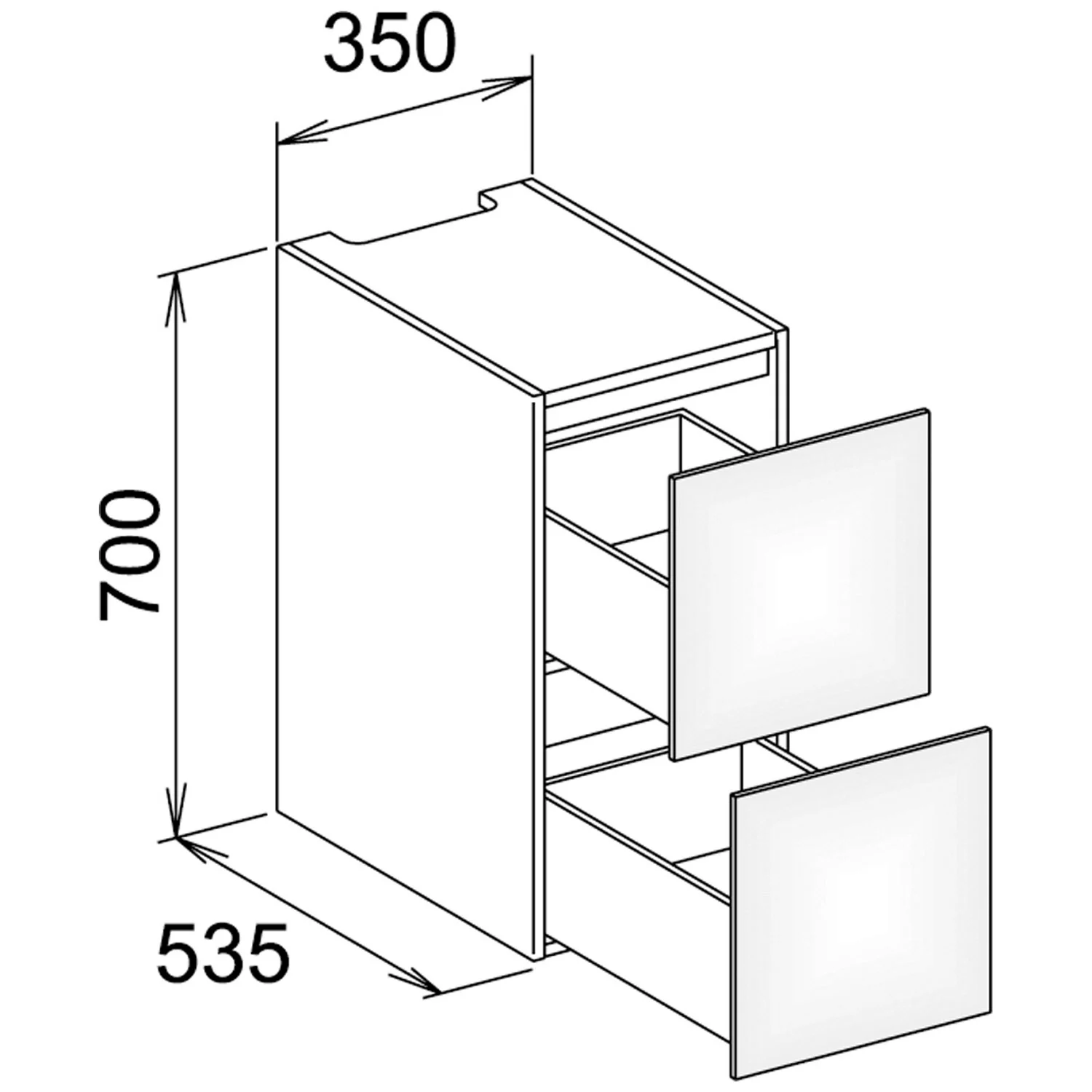Rysunek techniczny szafki podumywalkowej z wymiarami, Keuco
