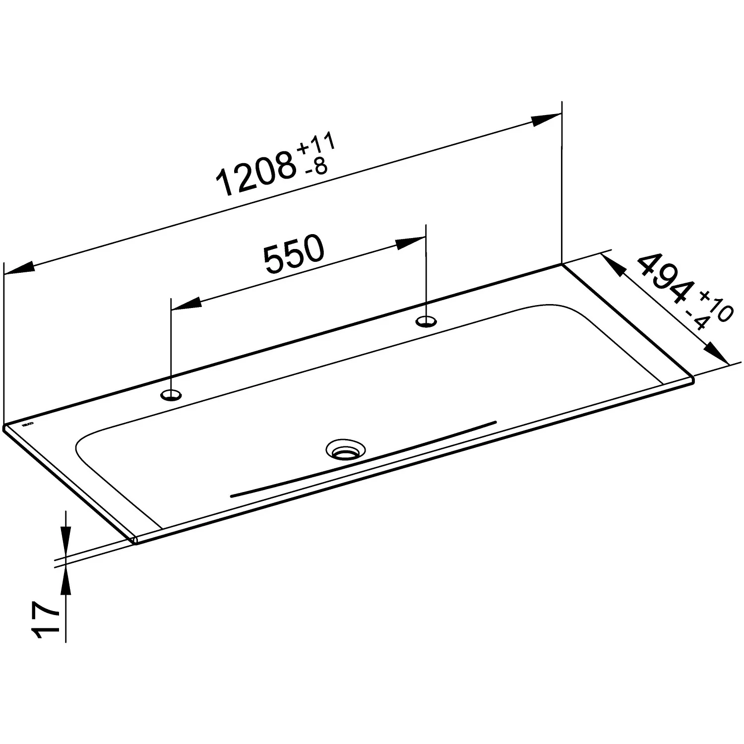 Keuco X-Line Keramik-Doppelwaschtisch mit 2 x 1 Hahnloch 120,5 x 49,3 cm Bild 3
